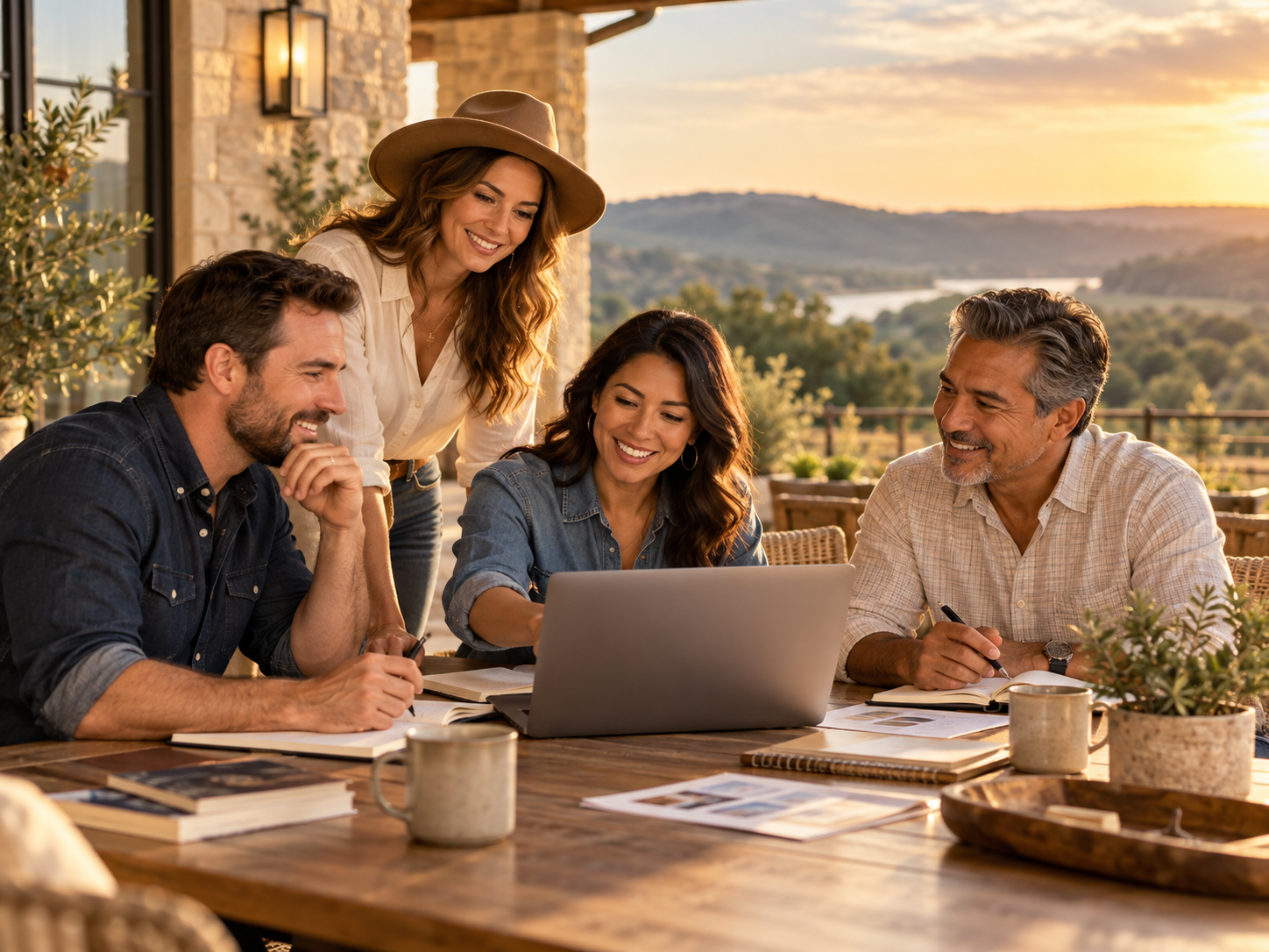 Small business team collaborating around a laptop on a ranch porch